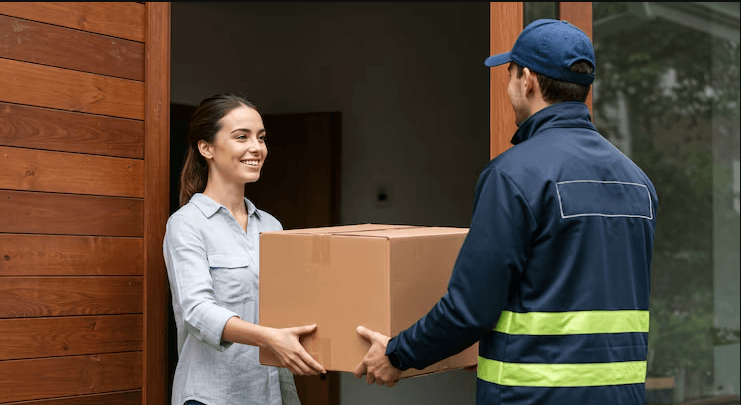 Courier delivering a package to a customer at their door